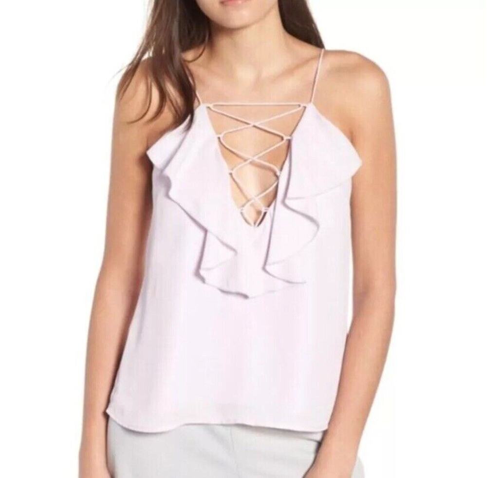 WAYF Lace Up Ruffle Cami Women's Small Lilac Purple Moss Deep Sexy V-Neck Plunge